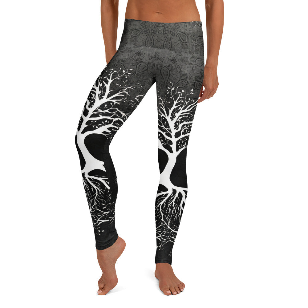 Personalisierte Damen Sportleggings Lebensbaum Motiv Schwarz Weiß Yoga Fitness Leggings Mandala Print M188