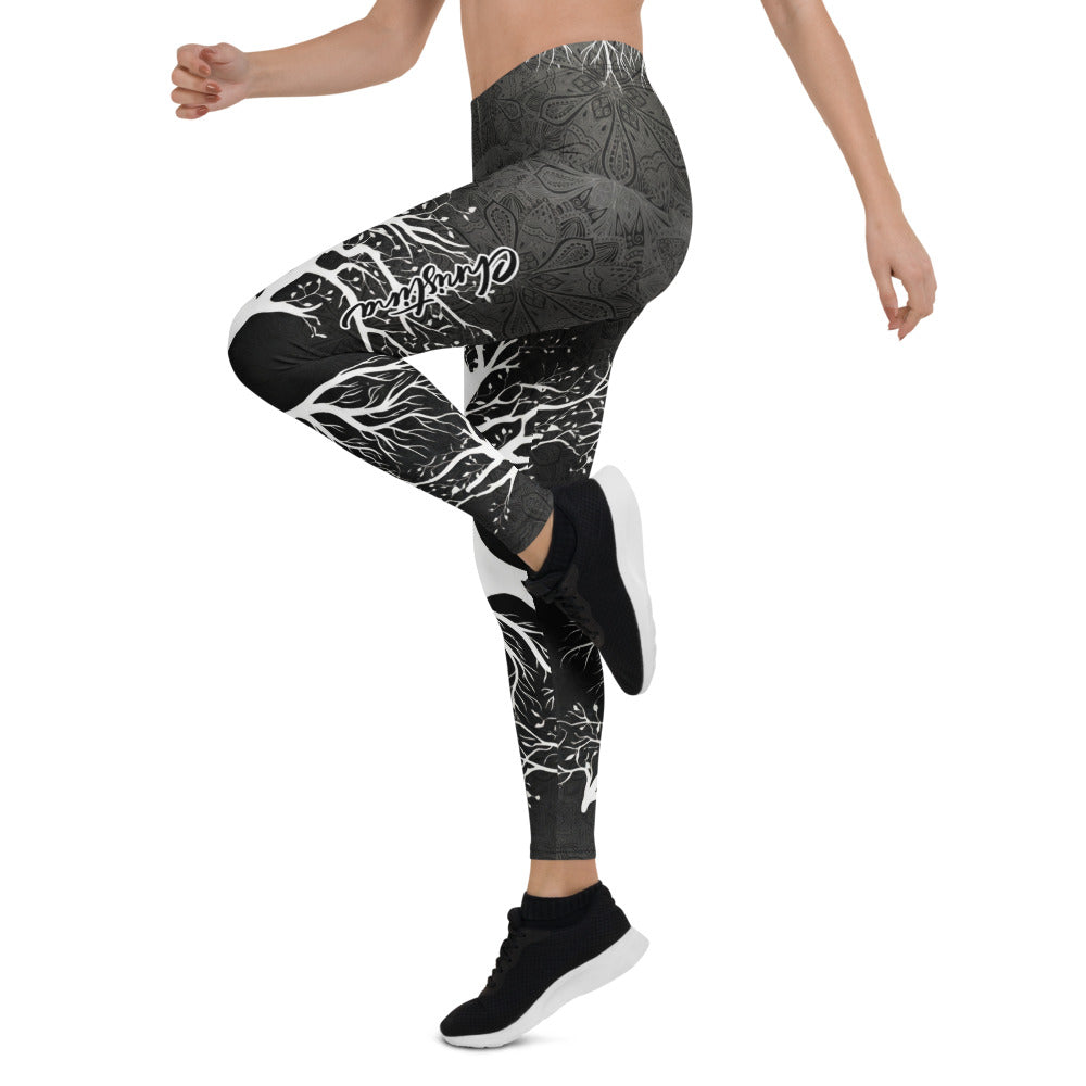 Personalisierte Damen Sportleggings Lebensbaum Motiv Schwarz Weiß Yoga Fitness Leggings Mandala Print M188