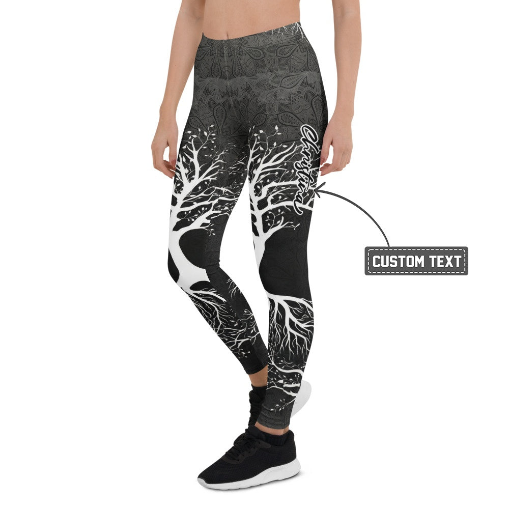 Personalisierte Damen Sportleggings Lebensbaum Motiv Schwarz Weiß Yoga Fitness Leggings Mandala Print M188 - XL