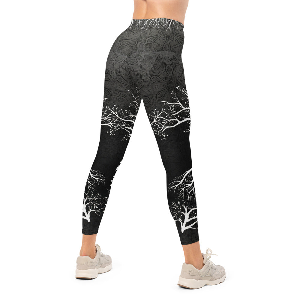 Personalisierte Damen Sportleggings Lebensbaum Motiv Schwarz Weiß Yoga Fitness Leggings Mandala Print M188