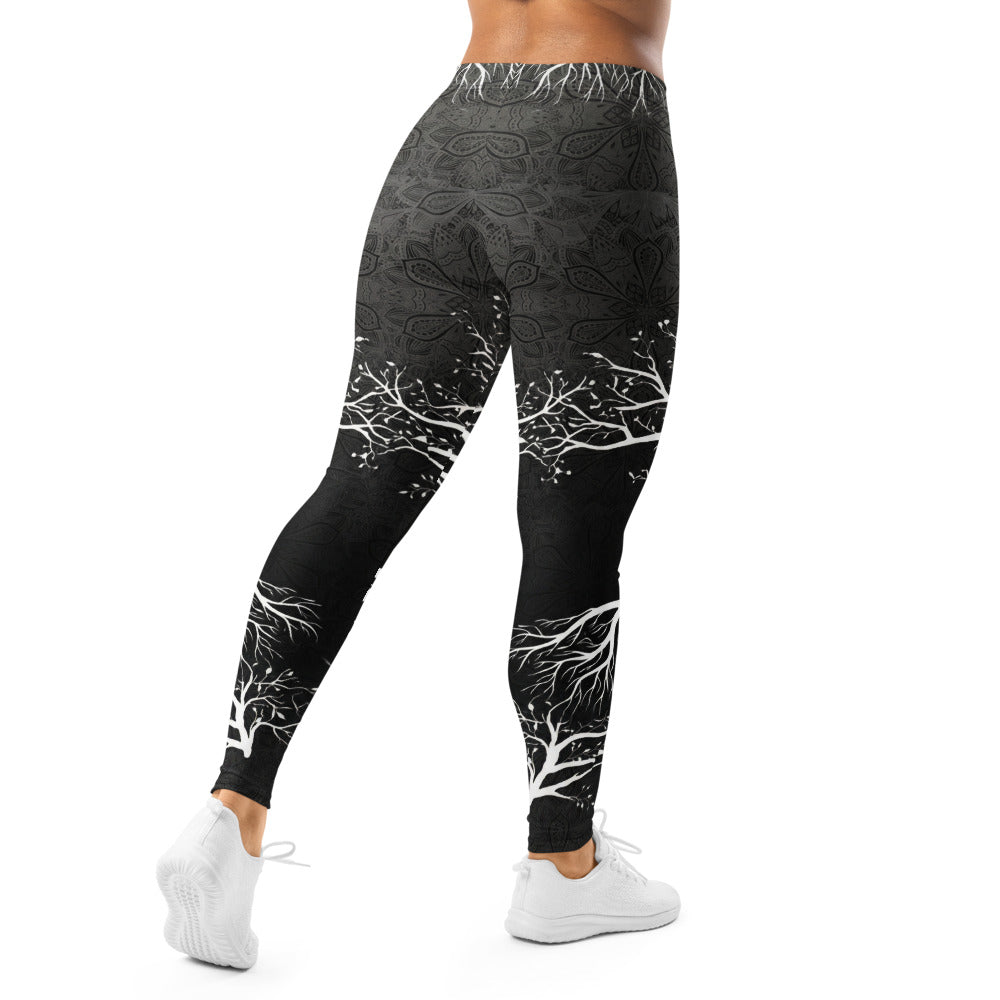 Personalisierte Damen Sportleggings Lebensbaum Motiv Schwarz Weiß Yoga Fitness Leggings Mandala Print M188