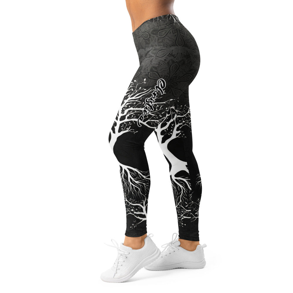 Personalisierte Damen Sportleggings Lebensbaum Motiv Schwarz Weiß Yoga Fitness Leggings Mandala Print M188