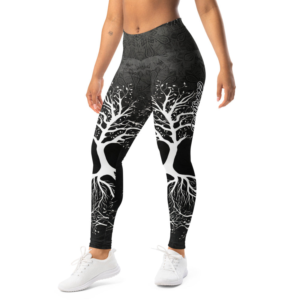 Personalisierte Damen Sportleggings Lebensbaum Motiv Schwarz Weiß Yoga Fitness Leggings Mandala Print M188