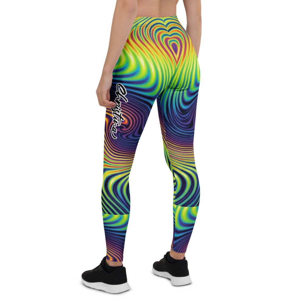 Personalisierte Sportleggings Damen Psychedelisch Bunt Abstrakt Fitness Yoga Leggings Wellenmuster K035