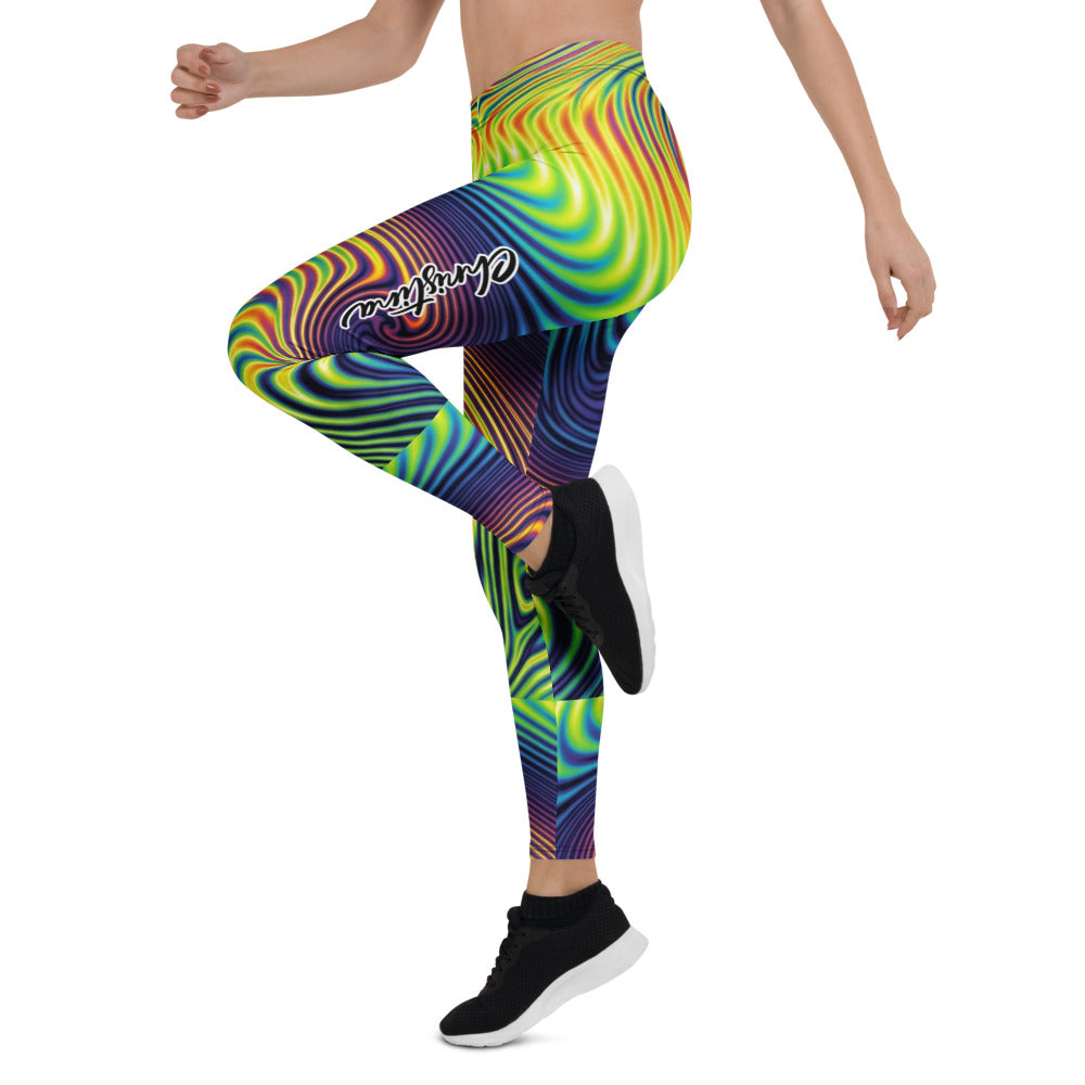 Personalisierte Sportleggings Damen Psychedelisch Bunt Abstrakt Fitness Yoga Leggings Wellenmuster K035