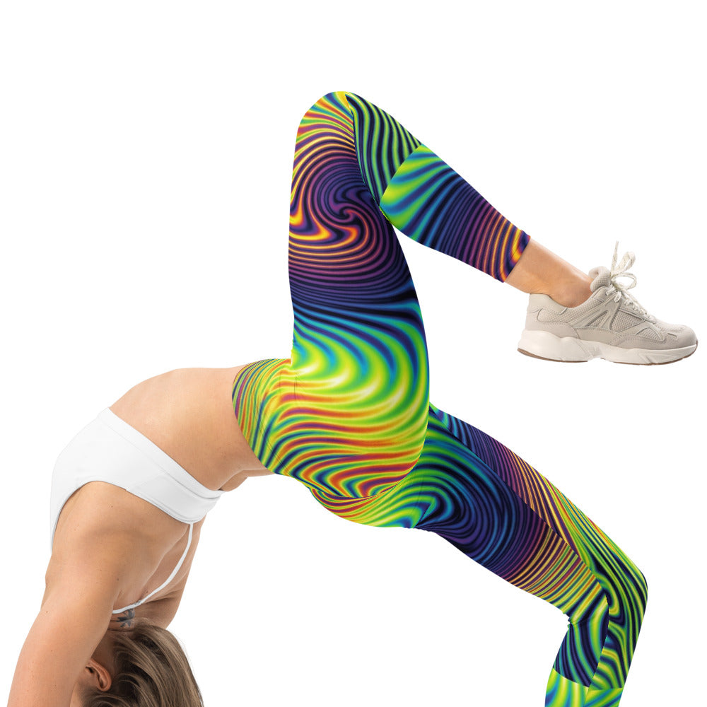 Personalisierte Sportleggings Damen Psychedelisch Bunt Abstrakt Fitness Yoga Leggings Wellenmuster K035