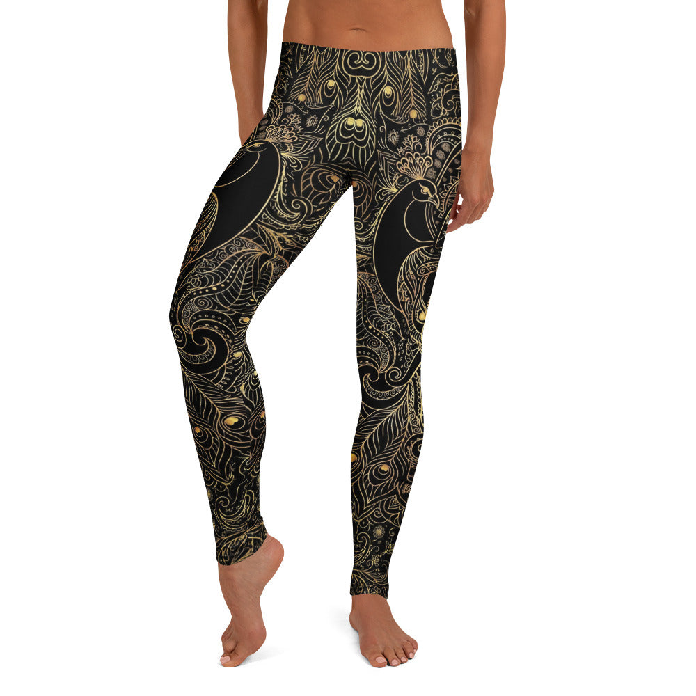 Personalisierte Damen Sportleggings Schwarz Gold Pfau Mandala Muster Yoga Leggings Fitnesshose A606