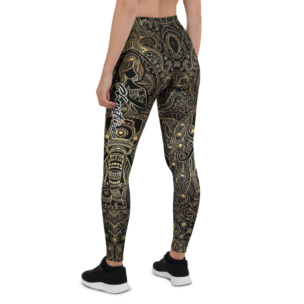 Personalisierte Damen Sportleggings Schwarz Gold Pfau Mandala Muster Yoga Leggings Fitnesshose A606
