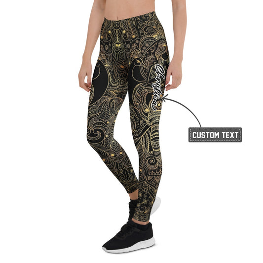 Personalisierte Damen Sportleggings Schwarz Gold Pfau Mandala Muster Yoga Leggings Fitnesshose A606 - XL