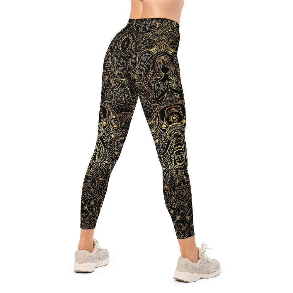 Personalisierte Damen Sportleggings Schwarz Gold Pfau Mandala Muster Yoga Leggings Fitnesshose A606