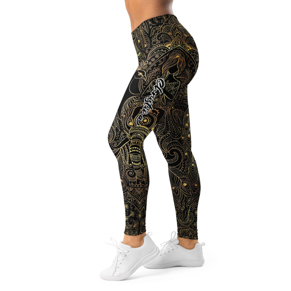 Personalisierte Damen Sportleggings Schwarz Gold Pfau Mandala Muster Yoga Leggings Fitnesshose A606