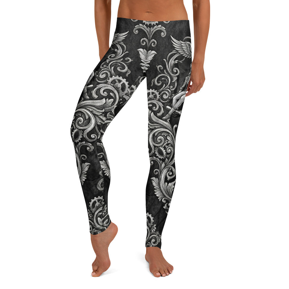 Personalisierte Damen Sportleggings Steampunk Barock Design Schwarz Weiß Ornament Fitness Yoga Leggings J901