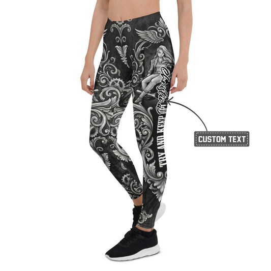 Personalisierte Damen Sportleggings Steampunk Barock Design Schwarz Weiß Ornament Fitness Yoga Leggings J901 - XL