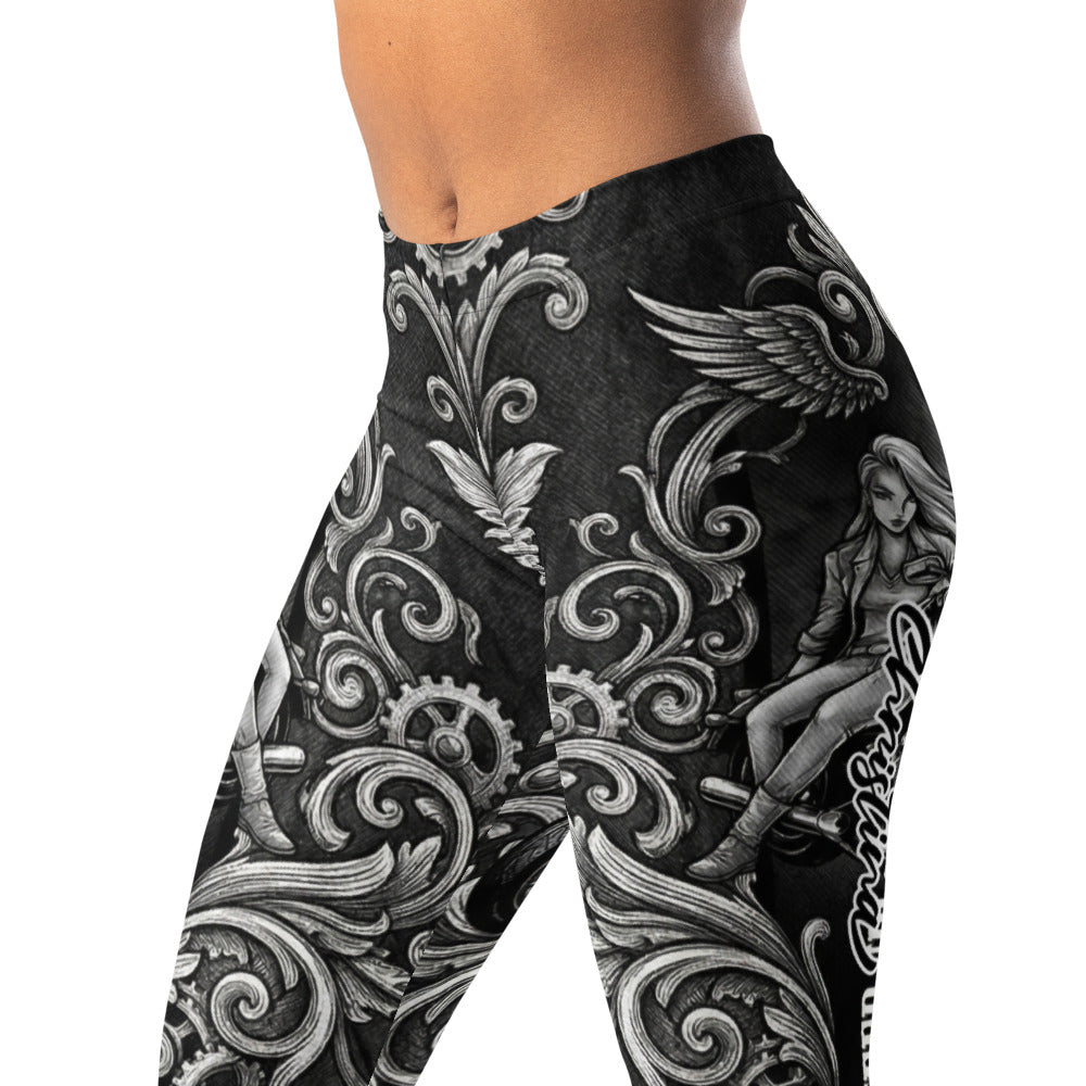 Personalisierte Damen Sportleggings Steampunk Barock Design Schwarz Weiß Ornament Fitness Yoga Leggings J901