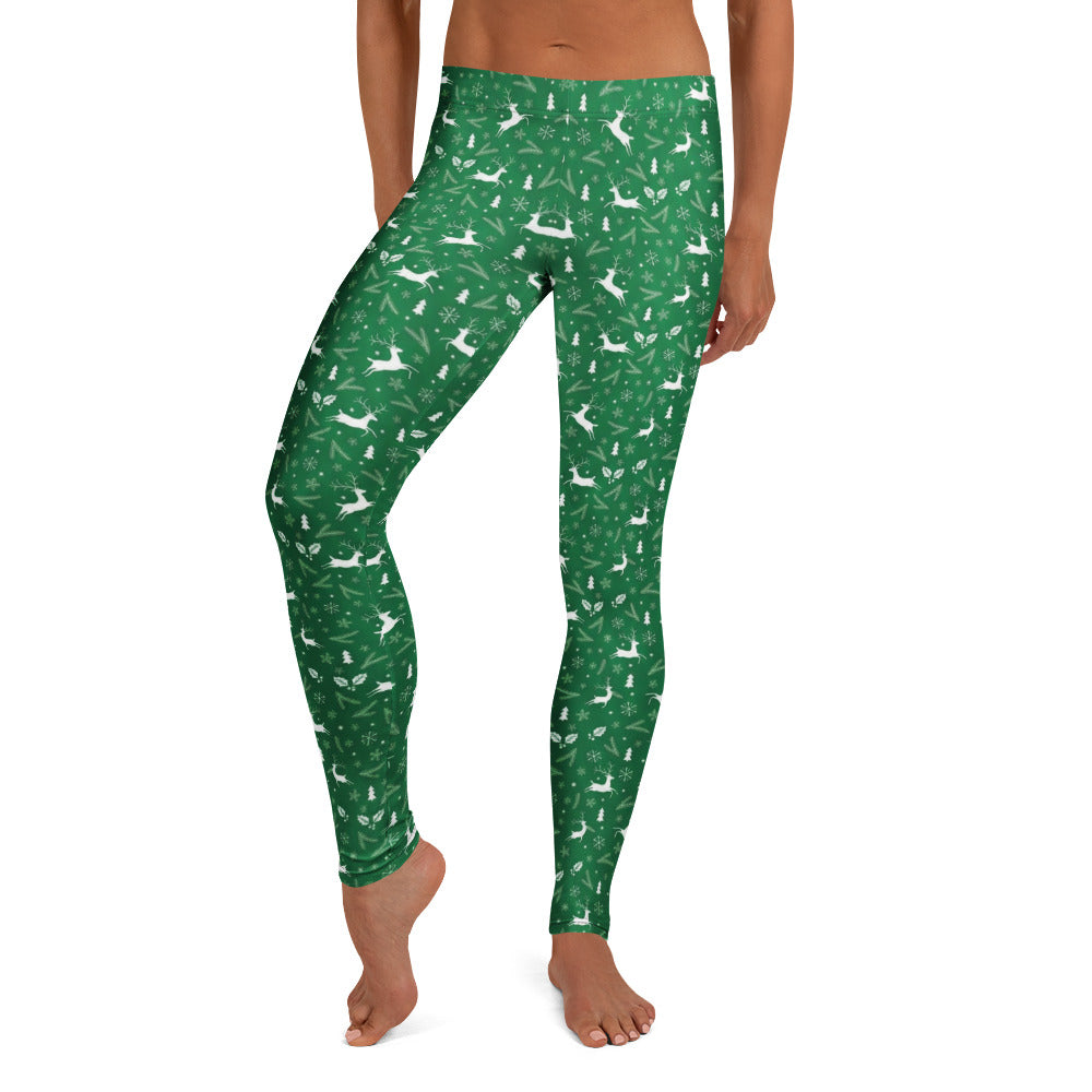 Personalisierte Damen Sportleggings Weihnachten Grün Rentier Muster Fitness Yoga Leggings W262
