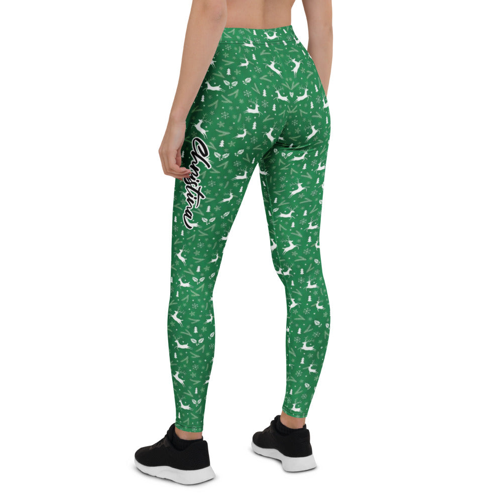 Personalisierte Damen Sportleggings Weihnachten Grün Rentier Muster Fitness Yoga Leggings W262