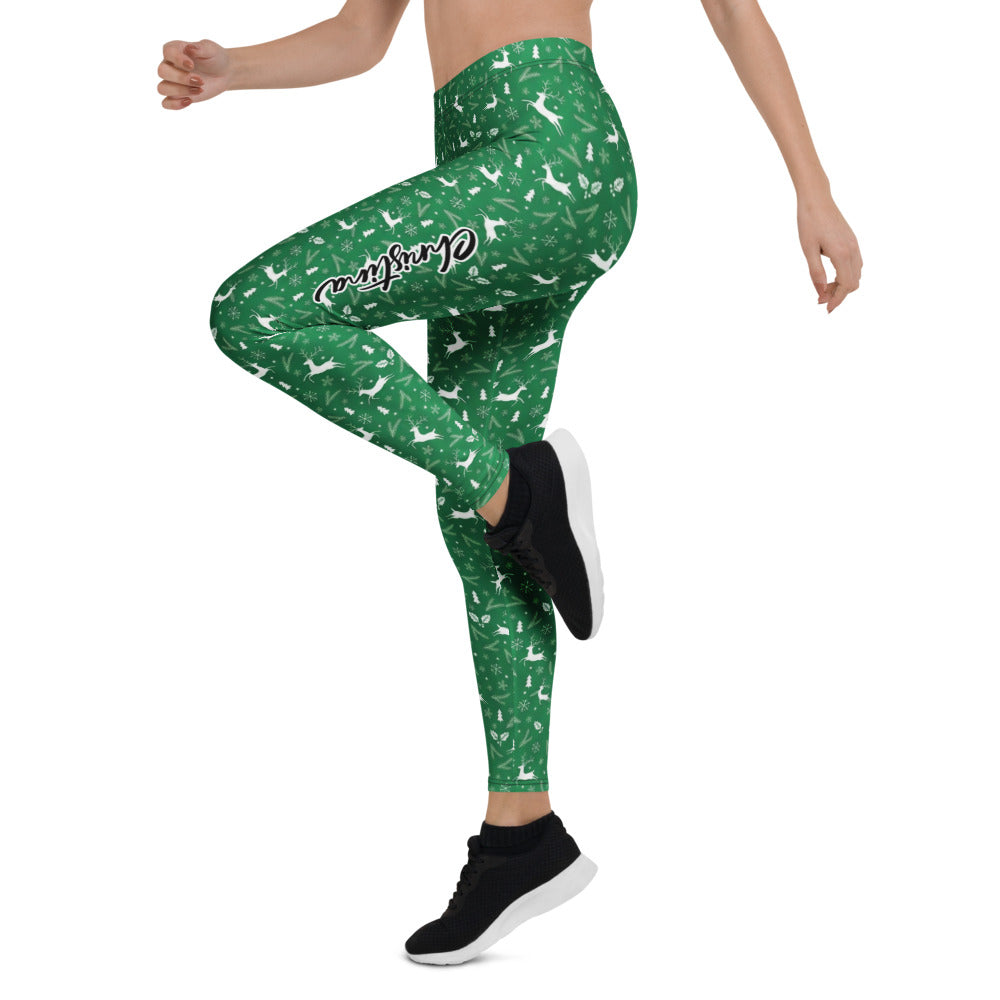 Personalisierte Damen Sportleggings Weihnachten Grün Rentier Muster Fitness Yoga Leggings W262