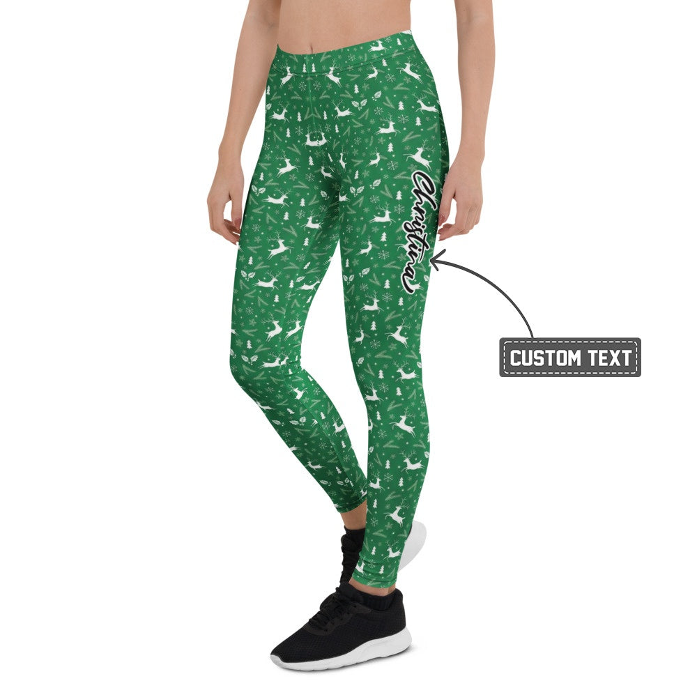 Personalisierte Damen Sportleggings Weihnachten Grün Rentier Muster Fitness Yoga Leggings W262 - XL