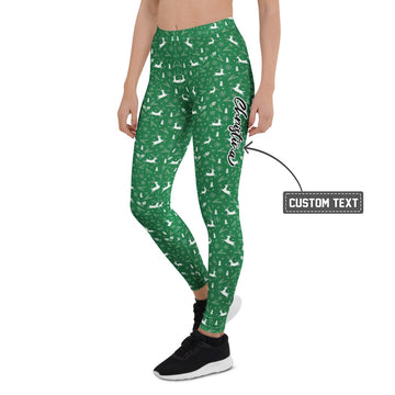 Personalisierte Damen Sportleggings Weihnachten Grün Rentier Muster Fitness Yoga Leggings W262 - XL