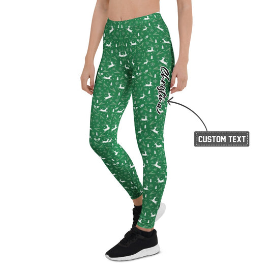 Personalisierte Damen Sportleggings Weihnachten Grün Rentier Muster Fitness Yoga Leggings W262 - XL