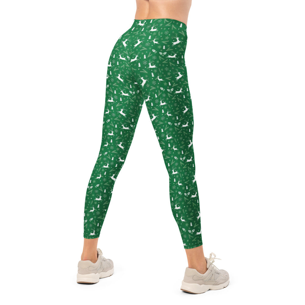 Personalisierte Damen Sportleggings Weihnachten Grün Rentier Muster Fitness Yoga Leggings W262