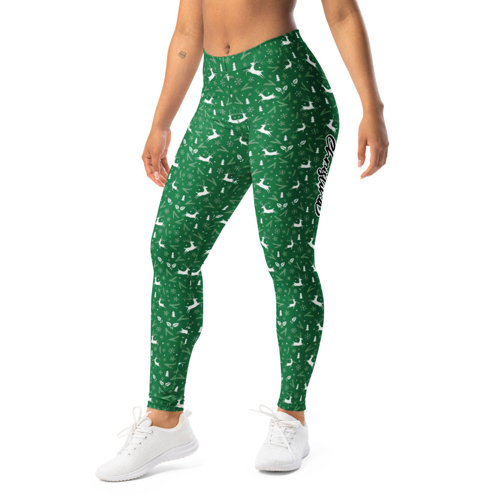 Personalisierte Damen Sportleggings Weihnachten Grün Rentier Muster Fitness Yoga Leggings W262