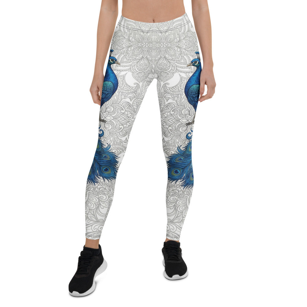 Personalisierte Damen Sportleggings Pfau Design Mandala Muster Weiß Blau Fitness Yoga Leggings S250