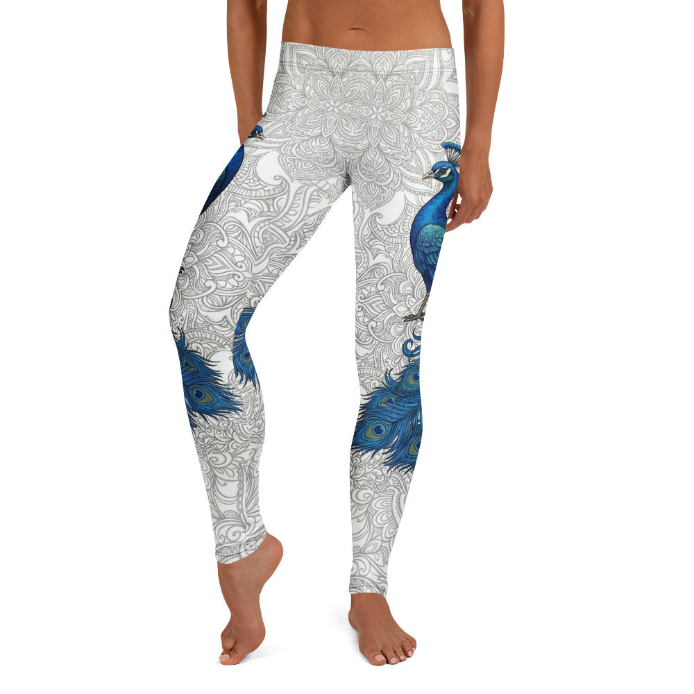 Personalisierte Damen Sportleggings Pfau Design Mandala Muster Weiß Blau Fitness Yoga Leggings S250