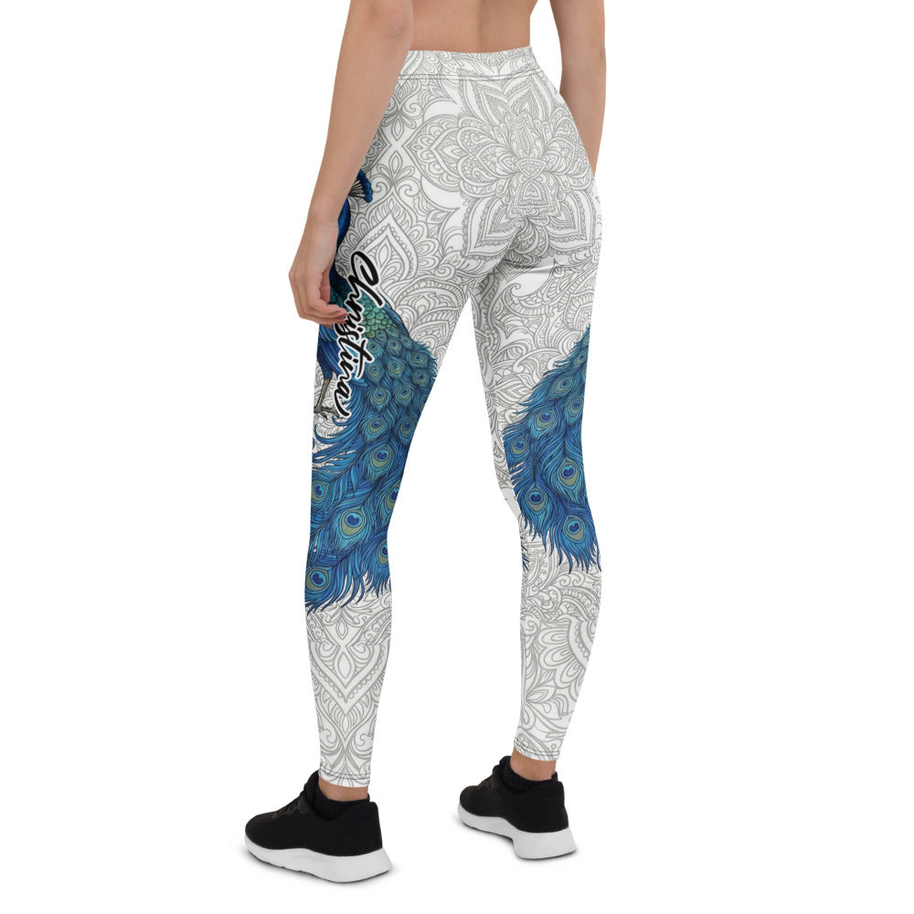 Personalisierte Damen Sportleggings Pfau Design Mandala Muster Weiß Blau Fitness Yoga Leggings S250