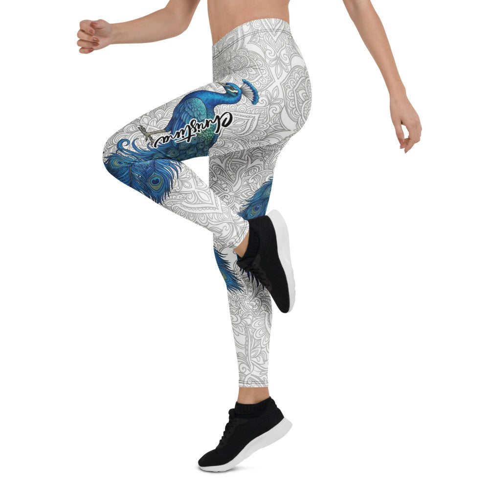Personalisierte Damen Sportleggings Pfau Design Mandala Muster Weiß Blau Fitness Yoga Leggings S250