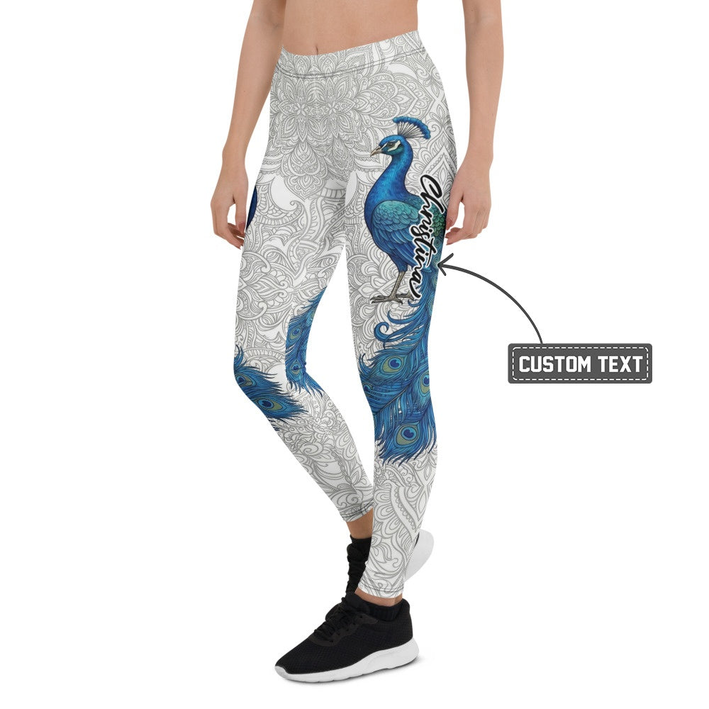 Personalisierte Damen Sportleggings Pfau Design Mandala Muster Weiß Blau Fitness Yoga Leggings S250 - XL