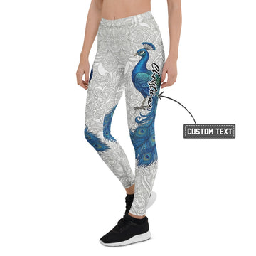 Personalisierte Damen Sportleggings Pfau Design Mandala Muster Weiß Blau Fitness Yoga Leggings S250 - XL