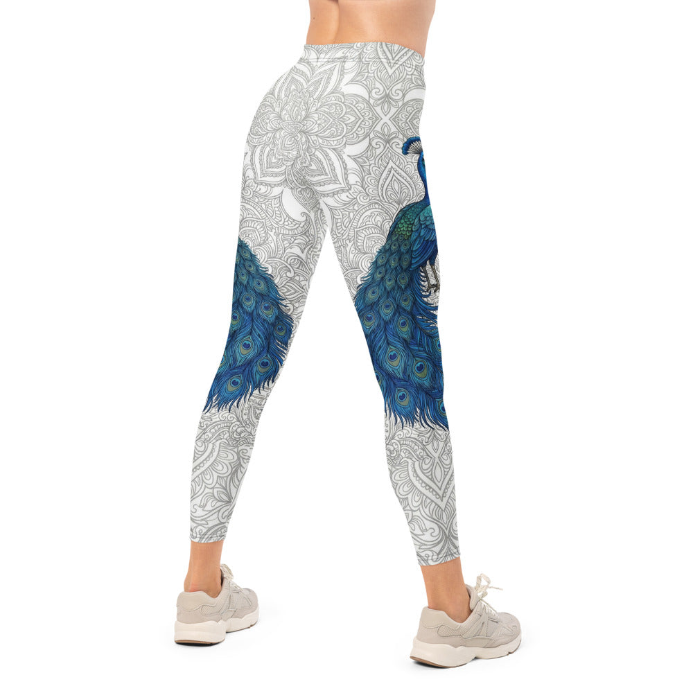 Personalisierte Damen Sportleggings Pfau Design Mandala Muster Weiß Blau Fitness Yoga Leggings S250