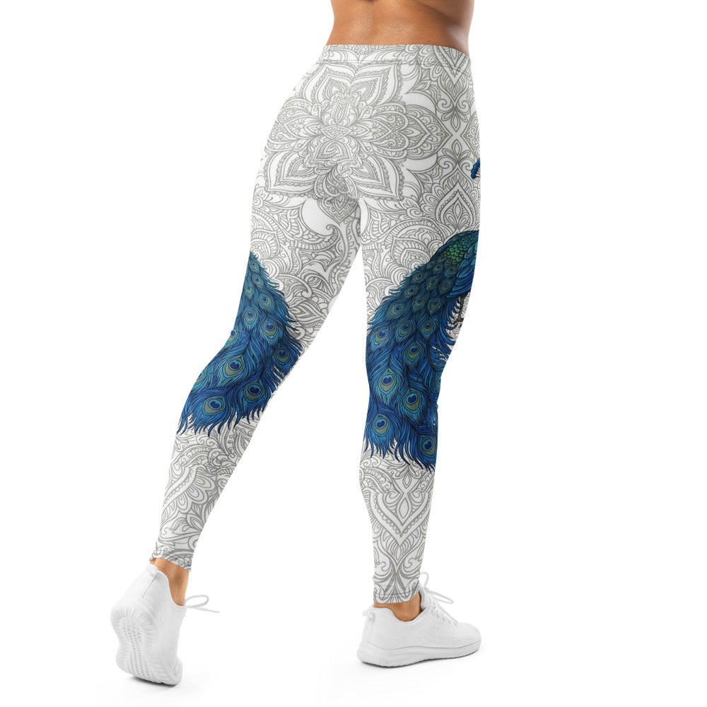 Personalisierte Damen Sportleggings Pfau Design Mandala Muster Weiß Blau Fitness Yoga Leggings S250
