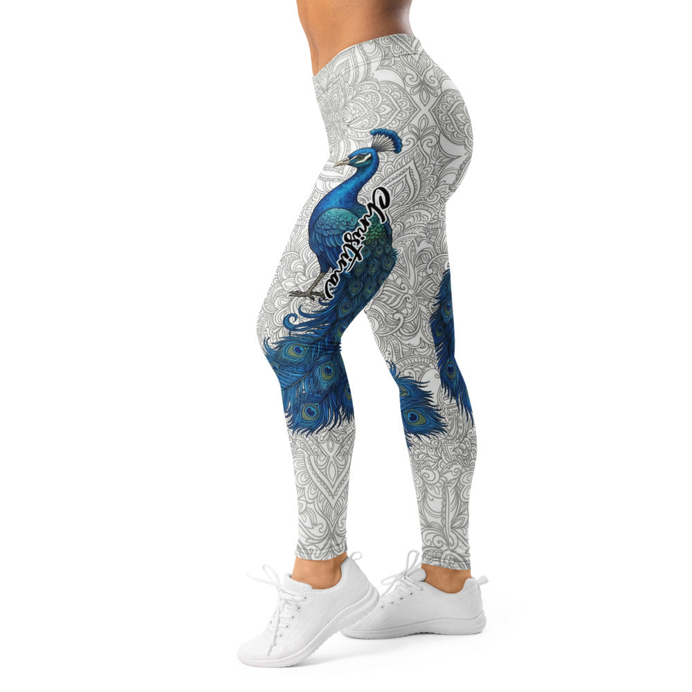 Personalisierte Damen Sportleggings Pfau Design Mandala Muster Weiß Blau Fitness Yoga Leggings S250