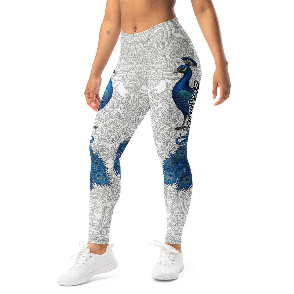 Personalisierte Damen Sportleggings Pfau Design Mandala Muster Weiß Blau Fitness Yoga Leggings S250