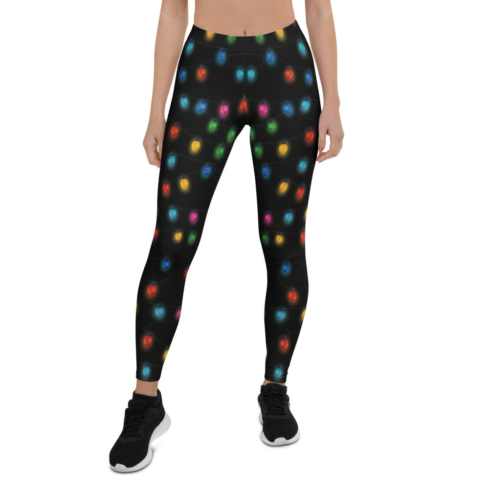 Personalisierte Damen Sportleggings Weihnachten Lichterkette Design Bunt Schwarz Fitnesshose J259
