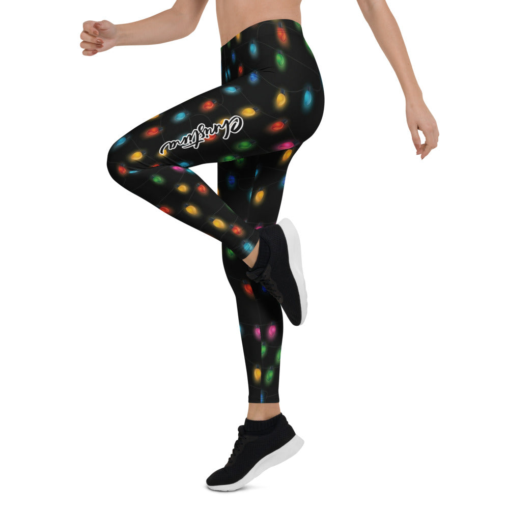 Personalisierte Damen Sportleggings Weihnachten Lichterkette Design Bunt Schwarz Fitnesshose J259