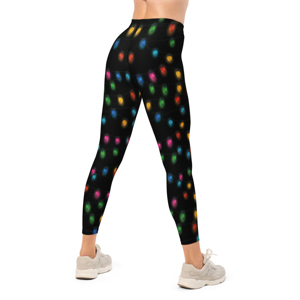Personalisierte Damen Sportleggings Weihnachten Lichterkette Design Bunt Schwarz Fitnesshose J259