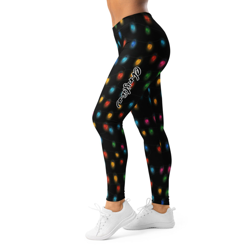 Personalisierte Damen Sportleggings Weihnachten Lichterkette Design Bunt Schwarz Fitnesshose J259