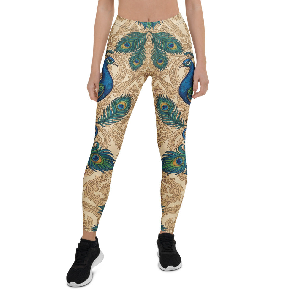Personalisierte Damen Sportleggings Pfau Design Pfauenfedern Beige Blau Yoga Fitness Leggings O036