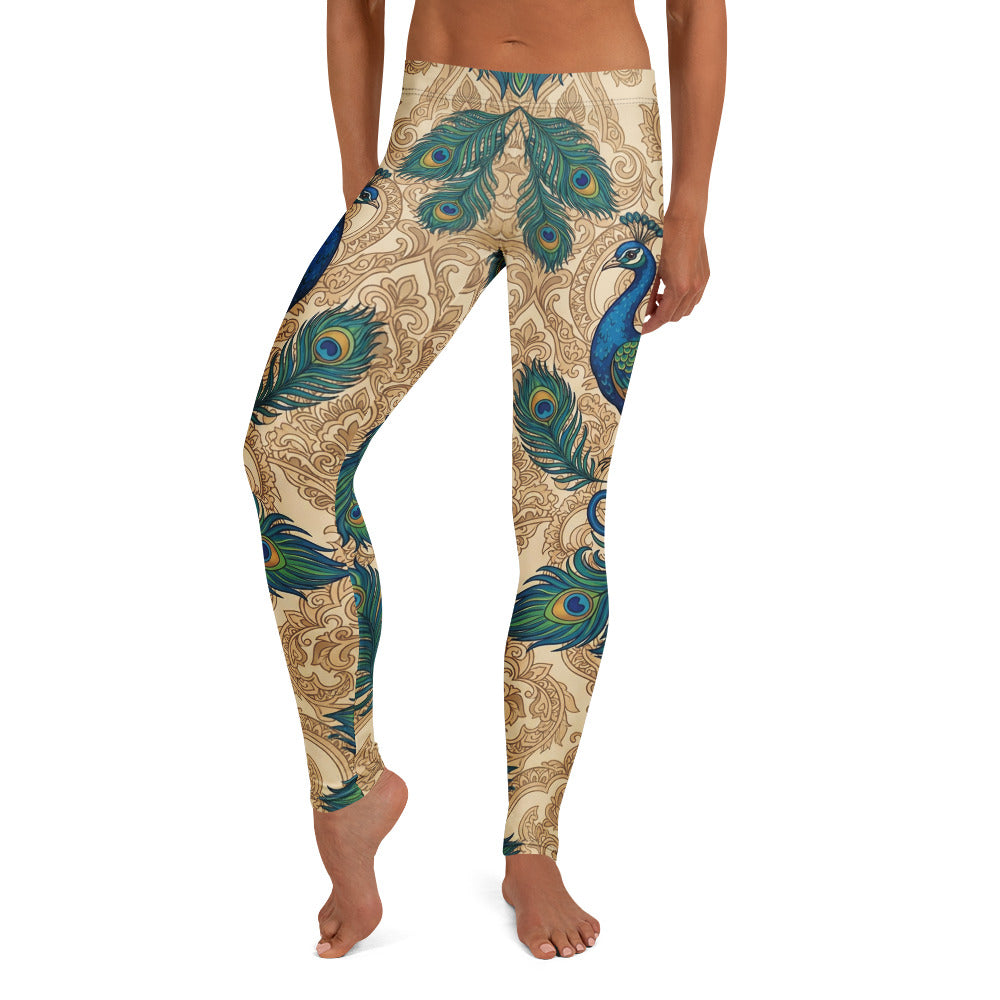 Personalisierte Damen Sportleggings Pfau Design Pfauenfedern Beige Blau Yoga Fitness Leggings O036
