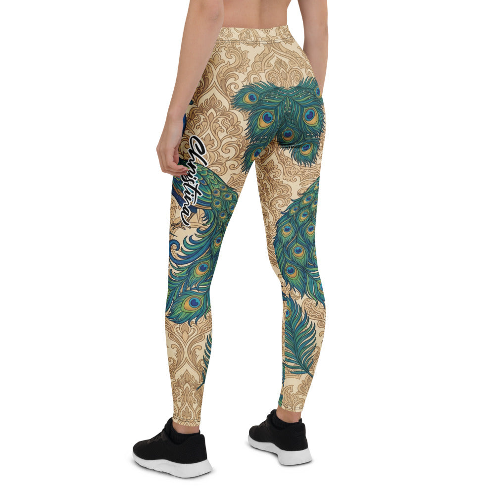 Personalisierte Damen Sportleggings Pfau Design Pfauenfedern Beige Blau Yoga Fitness Leggings O036
