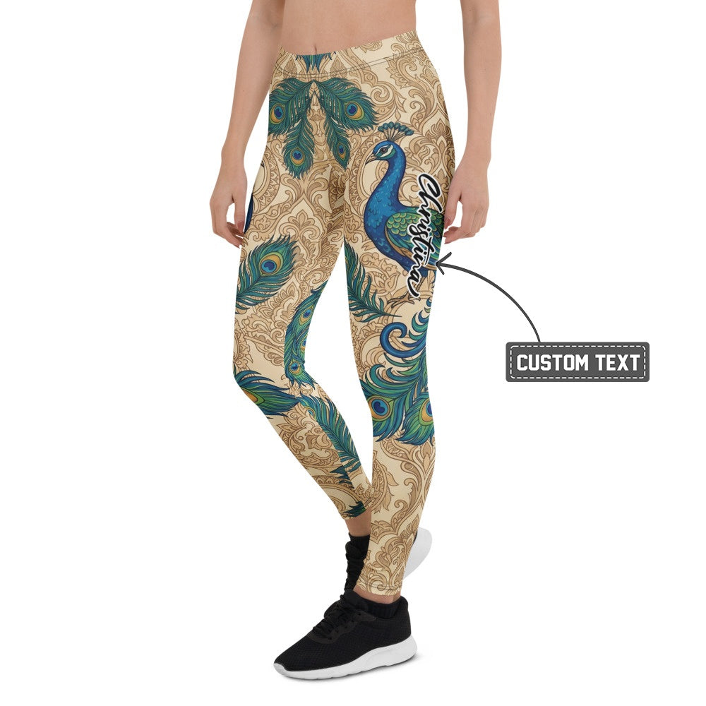 Personalisierte Damen Sportleggings Pfau Design Pfauenfedern Beige Blau Yoga Fitness Leggings O036 - XL