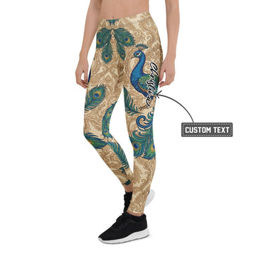 Personalisierte Damen Sportleggings Pfau Design Pfauenfedern Beige Blau Yoga Fitness Leggings O036 - XL