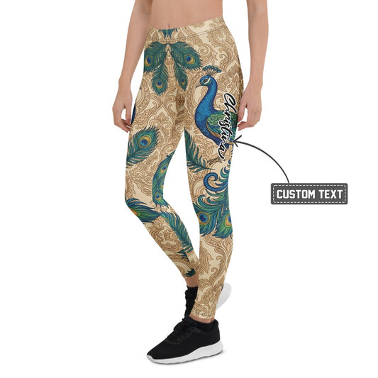 Personalisierte Damen Sportleggings Pfau Design Pfauenfedern Beige Blau Yoga Fitness Leggings O036 - XL
