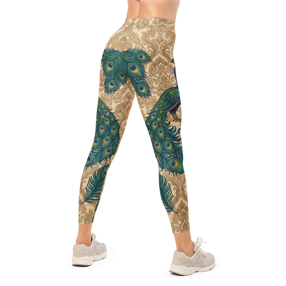 Personalisierte Damen Sportleggings Pfau Design Pfauenfedern Beige Blau Yoga Fitness Leggings O036