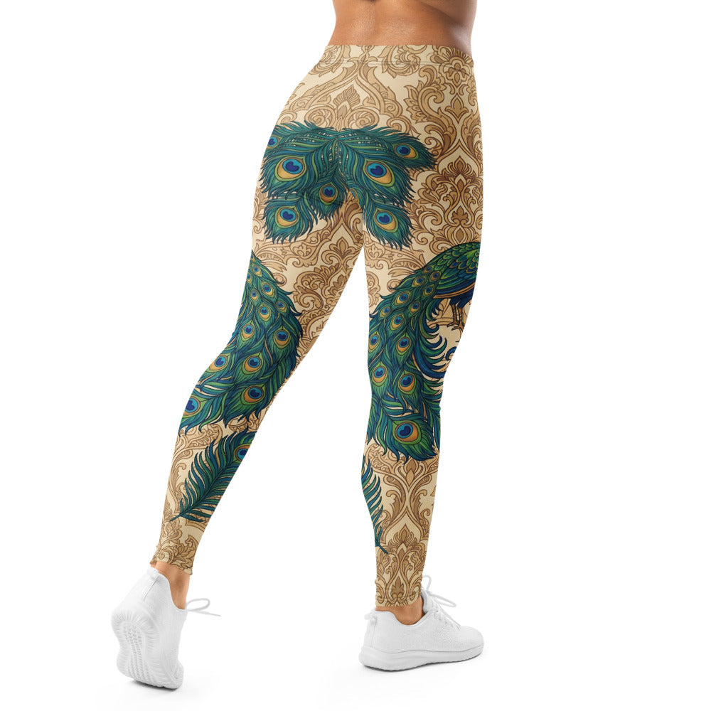 Personalisierte Damen Sportleggings Pfau Design Pfauenfedern Beige Blau Yoga Fitness Leggings O036