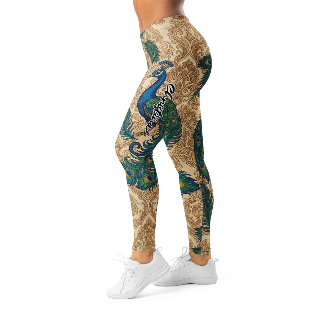 Personalisierte Damen Sportleggings Pfau Design Pfauenfedern Beige Blau Yoga Fitness Leggings O036