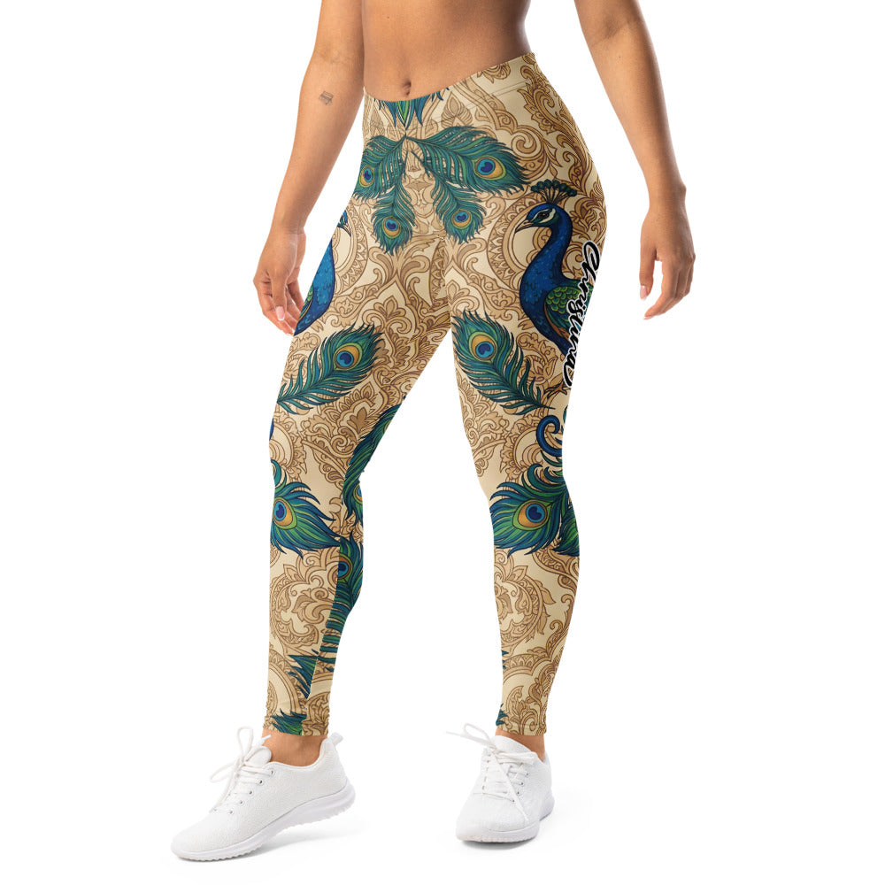 Personalisierte Damen Sportleggings Pfau Design Pfauenfedern Beige Blau Yoga Fitness Leggings O036